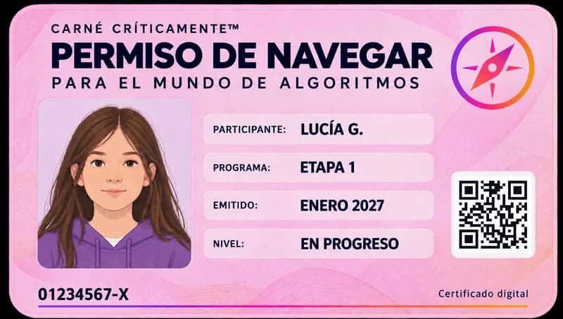 Carné CríticaMente: permiso de navegar para el mundo de algoritmos, la credencial que tu hijo o hija empieza a completar en la Etapa 1.