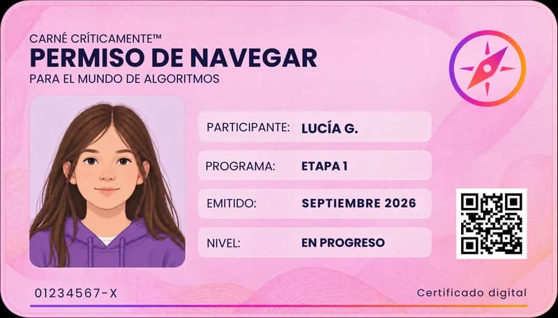 Carné CríticaMente: permiso de navegar para el mundo de algoritmos, a nombre de Lucía G., etapa 1, emitido en septiembre de 2026, nivel en progreso.